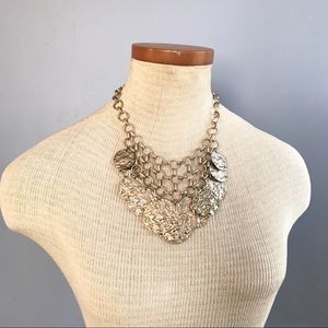 Gold Hammered Coin Bib Statement Necklace